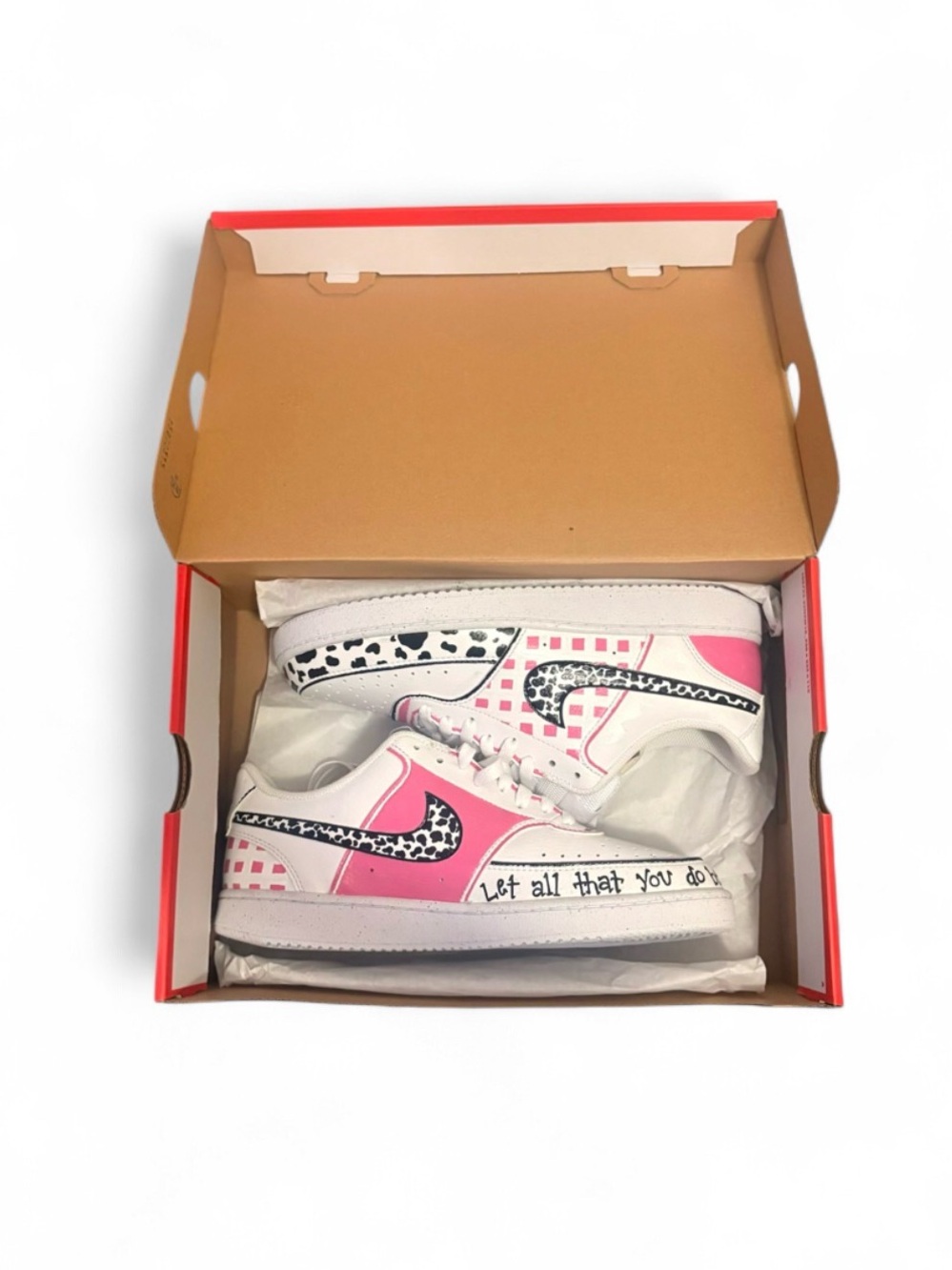 Nike White and Pink Low-Top Sneakers with Black Leopard Swoosh
